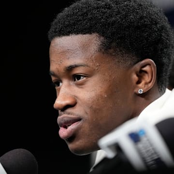 Mar 20, 2025; Raleigh, NC, USA; Baylor Bears guard VJ Edgecombe (7) during the press conference at Lenovo Center. Mandatory Credit: Bob Donnan-Imagn Images