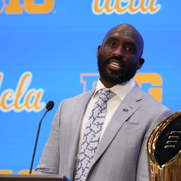 Jul 24, 2025; Las Vegas, NV, USA; UCLA head coach DeShaun Foster speaks to the media during the Big Ten NCAA college football media days at Mandalay Bay Resort. Mandatory Credit: Lucas Peltier-Imagn Images