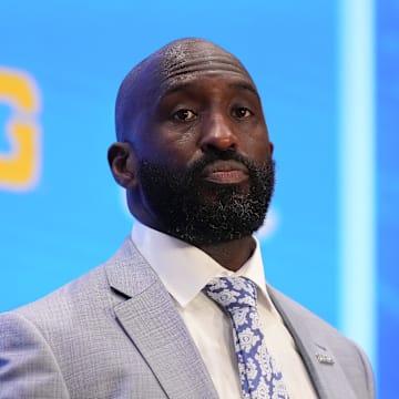 Jul 24, 2025; Las Vegas, NV, USA; UCLA head coach DeShaun Foster speaks to the media during the Big Ten NCAA college football media days at Mandalay Bay Resort. Mandatory Credit: Lucas Peltier-Imagn Images