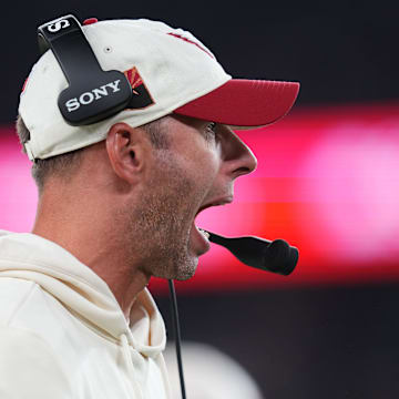 Arizona Cardinals head coach Jonathan Gannon yells out to his team as they play the Seattle Seahawks at State Farm Stadium in Glendale, on Sept. 25, 2025.