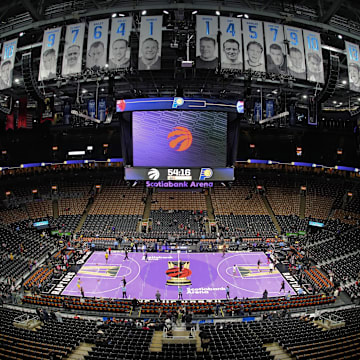 Dec 3, 2024; Toronto, Ontario, CAN; A general view of Scotiabank Arena before a  2024 NBA Cup knock-out game between the Indiana Pacers and Toronto Raptors. Mandatory Credit: John E. Sokolowski-Imagn Images