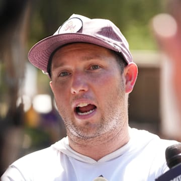 ASU head coach Kenny Dillingham speaks to the media after the team held their first day of practice at Camp Tontozona on Aug. 6, 2025.