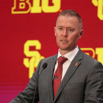 Jul 24, 2025; Las Vegas, NV, USA; USC head coach Lincoln Riley speaks to the media during the Big Ten NCAA college football media days at Mandalay Bay Resort. Mandatory Credit: Lucas Peltier-Imagn Images
