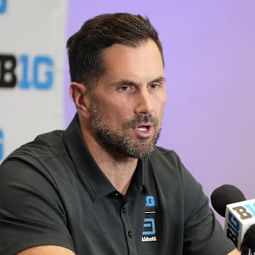 Jul 23, 2025; Las Vegas, NV, USA; Former NFL quarterback Matt Leinart speaks to the media about The We Give Blood Drive during the Big Ten NCAA college football media days at Mandalay Bay Resort. Mandatory Credit: Lucas Peltier-Imagn Images