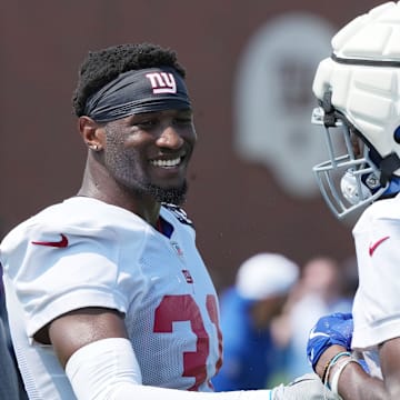 East Rutherford, NJ -- August 1, 2024 -- Safety, Tyler Nubin and cornerback Alex Johnson while practicing today at training camp for the New York Giants.