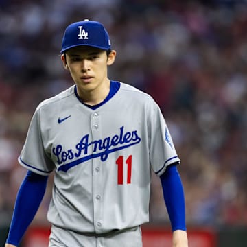 May 9, 2025; Phoenix, Arizona, USA; Los Angeles Dodgers pitcher Roki Sasaki against the Arizona Diamondbacks in the second inning at Chase Field. Mandatory Credit: Mark J. Rebilas-Imagn Images