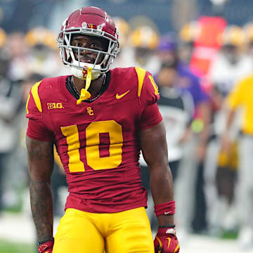 Sep 1, 2024; Paradise, Nevada, USA; Southern California Trojans wide receiver Kyron Hudson (10) reacts after making a play against the LSU Tigers during the second quarter at Allegiant Stadium. Mandatory Credit: Stephen R. Sylvanie-USA TODAY Sports