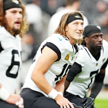 Nov 2, 2025; Paradise, Nevada, USA; Jacksonville Jaguars quarterback Trevor Lawrence (16) warms up before the game against the Las Vegas Raiders at Allegiant Stadium. Mandatory Credit: Stephen R. Sylvanie-Imagn Images