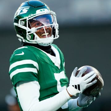 New York Jets wide receiver Garrett Wilson (5) is shown as he warms up, Sunday January 5, 2025, in East Rutherford.