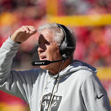 Oct 19, 2025; Kansas City, Missouri, USA; Las Vegas Raiders head coach Pete Carroll looks on during the second quarter of the game against the Kansas City Chiefs at GEHA Field at Arrowhead Stadium. Mandatory Credit: Denny Medley-Imagn Images