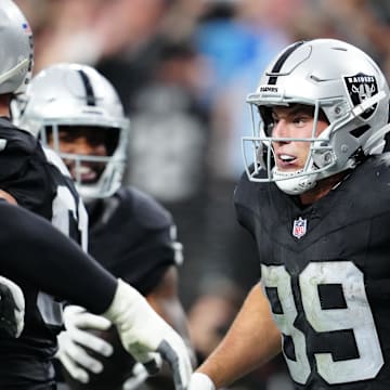 Nov 2, 2025; Paradise, Nevada, USA; Las Vegas Raiders tight end Brock Bowers (89) celebrates after scoring a touchdown during the second half against the Jacksonville Jaguars at Allegiant Stadium. Mandatory Credit: Stephen R. Sylvanie-Imagn Images