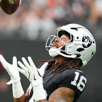 Sep 28, 2025; Paradise, Nevada, USA; Las Vegas Raiders wide receiver Jakobi Meyers (16) warms up prior to the game against the Chicago Bears at Allegiant Stadium. Mandatory Credit: Stephen R. Sylvanie-Imagn Images