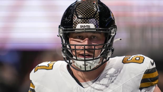 New Orleans Saints offensive tackle Landon Young (67) on the field prior to the game against the Atlanta Falcons.