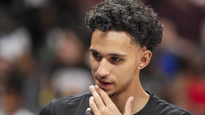 Apr 5, 2025; Atlanta, Georgia, USA; Atlanta Hawks forward Zaccharie Risacher (10) shown on the court before the game against New York Knicks at State Farm Arena. Mandatory Credit: Dale Zanine-Imagn Images