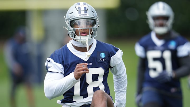 May 1, 2026; Frisco, TX, USA; Dallas Cowboys cornerback Caleb Downs (18) on the field during practice at the Ford Center at the Star Training Facility in Frisco, Texas.  Mandatory Credit: Chris Jones-Imagn Images