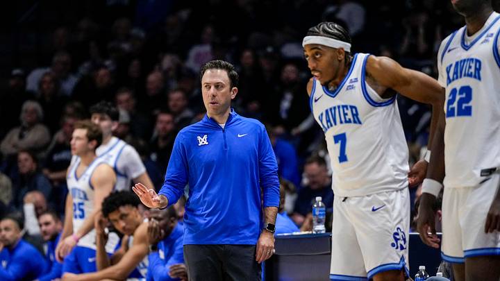Xavier Musketeers head coach Richard Pitino signals to his team in the first half of the NCAA Big East conference basketball game between the Xavier Musketeers and the Seton Hall Pirates at the Cintas Center in Cincinnati on Tuesday, March 3, 2026. Xavier trailed 33-32 at halftime.