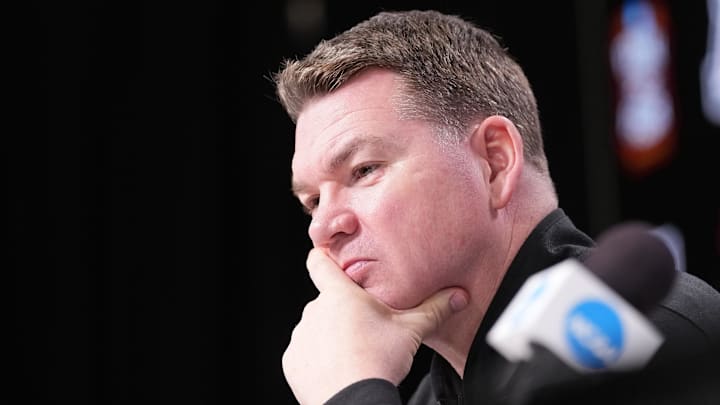 Apr 2, 2026; Indianapolis, IN, USA; Arizona head coach Tommy Lloyd during a press conference ahead of the Final Four of the men's 2026 NCAA Tournament at Lucas Oil Stadium. Mandatory Credit: Robert Deutsch-Imagn Images