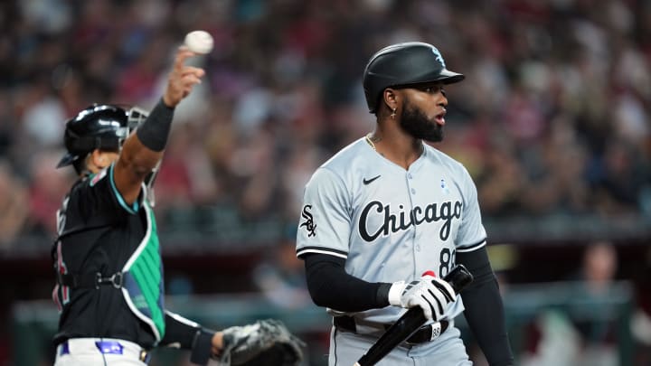 Jun 16, 2024; Phoenix, Arizona, USA; Chicago White Sox outfielder Luis Robert Jr. (88) reacts after striking out against the Arizona Diamondbacks during the first inning at Chase Field. Mandatory Credit: Joe Camporeale-USA TODAY Sports