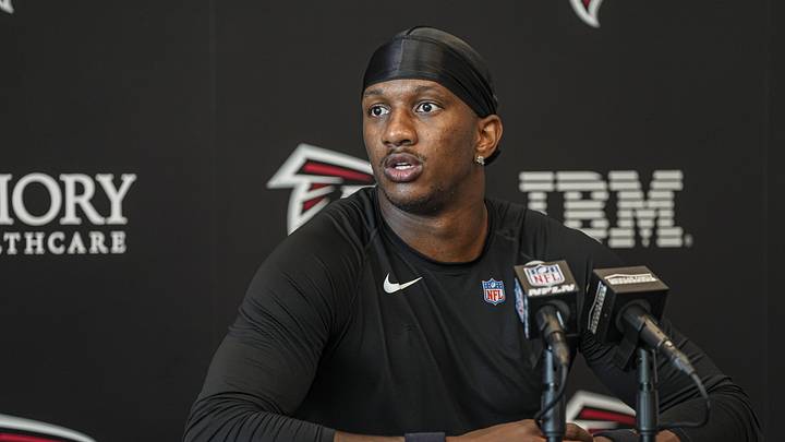 Jun 16, 2026; Atlanta, GA, USA; Atlanta Falcons quarterback Michael Penix Jr. (9) reacts while being interviewed by the media during Minicamp. Mandatory Credit: Dale Zanine-Imagn Images