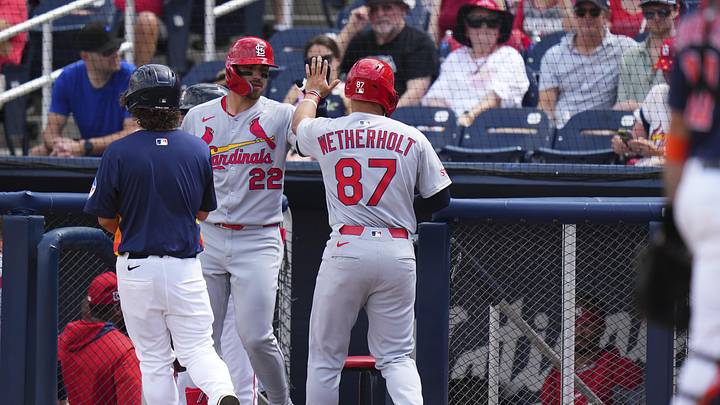 Mar 5, 2025; West Palm Beach, Florida, USA; St. Louis Cardinals left feilder JJ Wetherholt (87) celebrates after scoring against the Houston Astros during the second inning at CACTI Park of the Palm Beaches. Mandatory Credit: Rich Storry-Imagn Images