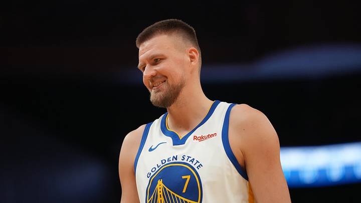 Apr 5, 2026; San Francisco, California, USA; Golden State Warriors forward Kristaps Porzingis (7) smiles during a break in the action against the Houston Rockets in the second quarter at the Chase Center. Mandatory Credit: Cary Edmondson-Imagn Images