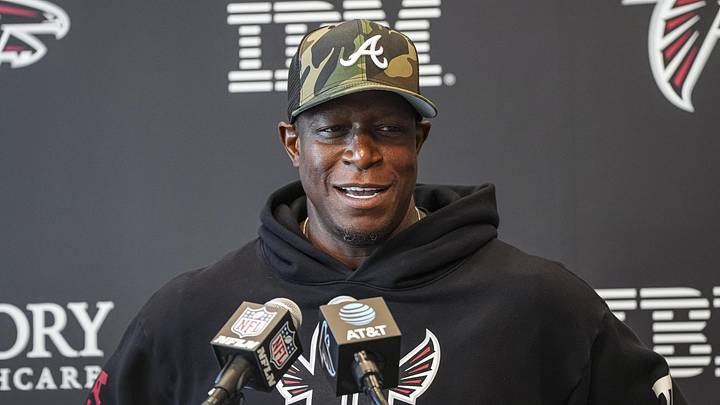 Jul 29, 2025; Atlanta, GA, USA; Atlanta Falcons head coach Raheem Morris meets with the press prior to practice at training camp at IBM Performance Field. Mandatory Credit: Dale Zanine-Imagn Images