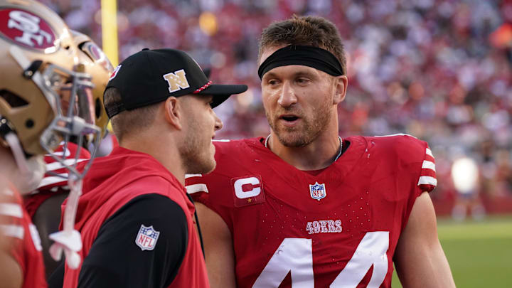 Sep 9, 2024; Santa Clara, California, USA; San Francisco 49ers fullback Kyle Juszczyk (44) talks with running back Christian McCaffrey (23) on the sideline during the second quarter against the New York Jets at Levi's Stadium. Mandatory Credit: David Gonzales-Imagn Images