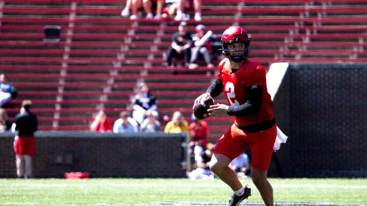 Cincinnati Bearcats quarterback Brendan Sorsby (2) looks to throw the ball during the University of Cincinnati annual Red and Black Spring football game and practice at Nippert Stadium in Cincinnati on Saturday, April 13, 2024.