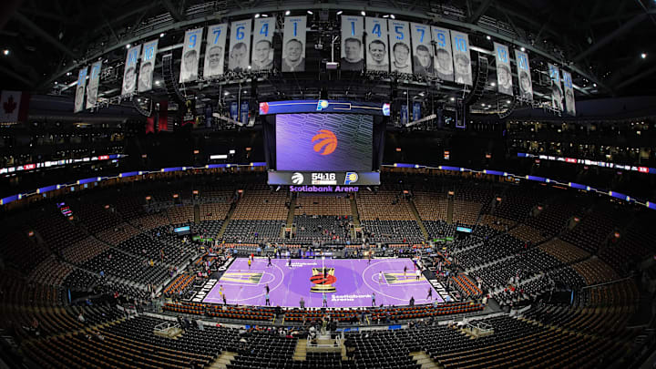 Dec 3, 2024; Toronto, Ontario, CAN; A general view of Scotiabank Arena before a 2024 NBA Cup knock-out game between the Indiana Pacers and Toronto Raptors. Mandatory Credit: John E. Sokolowski-Imagn Images Dec 3, 2024; Toronto, Ontario, CAN; A general view of Scotiabank Arena before a 2024 NBA Cup knock-out game between the Indiana Pacers and Toronto Raptors. Mandatory Credit: John E. Sokolowski-Imagn Images