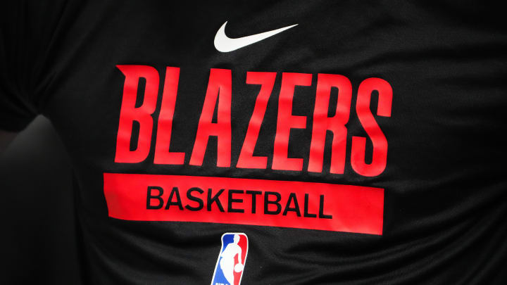 Jan 17, 2023; Denver, Colorado, USA; Detailed view of a Portland Trail Blazers logo warmup jersey before the game against the Denver Nuggets at Ball Arena. Mandatory Credit: Ron Chenoy-USA TODAY Sports