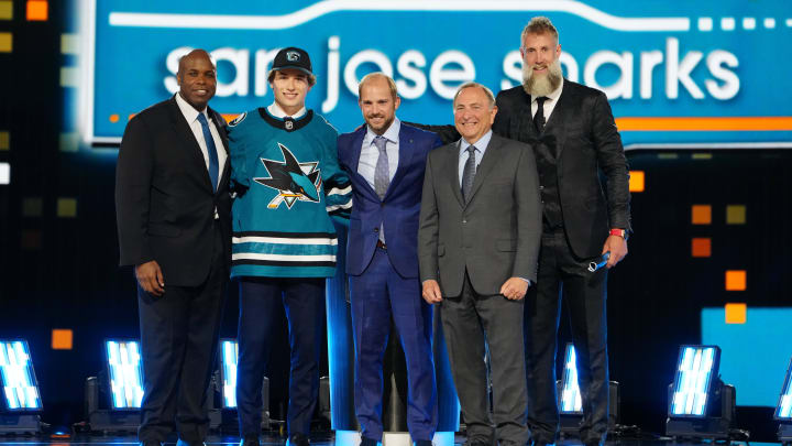 Jun 28, 2024; Las Vegas, Nevada, USA; Macklin Celebrini is selected with the 1st overall pick in the first round of the 2024 NHL Draft by the San Jose Sharks at The Sphere. Mandatory Credit: Stephen R. Sylvanie-USA TODAY Sports