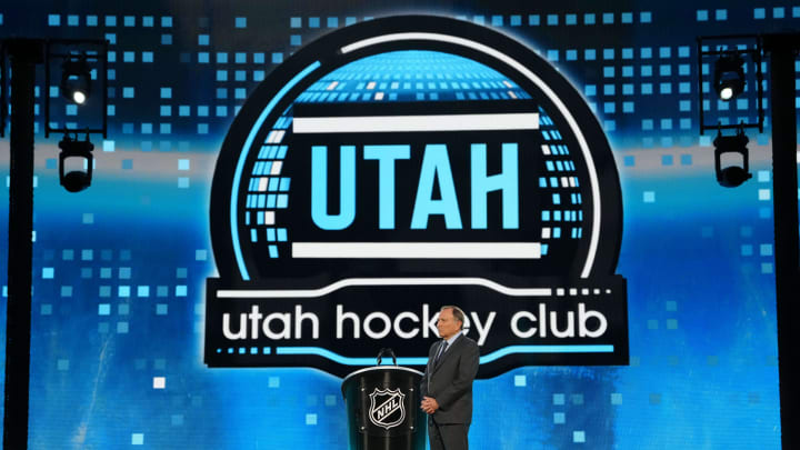 Jun 28, 2024; Las Vegas, Nevada, USA; NHL Commissioner Gary Bettman looks on as Utah Hockey Club is on the clock during the first round of the 2024 NHL Draft at The Sphere. Mandatory Credit: Joe Camporeale-USA TODAY Sports