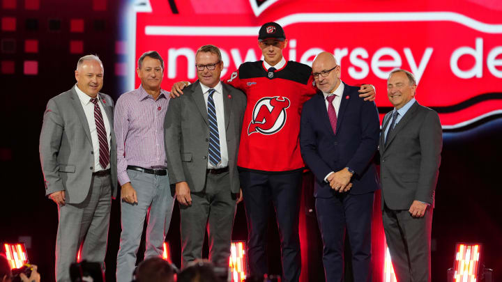 Jun 28, 2024; Las Vegas, Nevada, USA; Anton Silayev is selected by the New Jersey Devils with the 10th overall pick in the first round of the 2024 NHL Draft at The Sphere. Mandatory Credit: Stephen R. Sylvanie-USA TODAY Sports