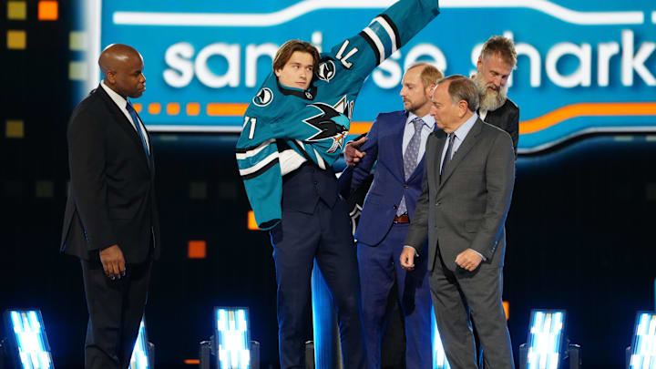 Jun 28, 2024; Las Vegas, Nevada, USA; Macklin Celebrini is selected with the 1st overall pick in the first round of the 2024 NHL Draft by the San Jose Sharks at The Sphere. Mandatory Credit: Stephen R. Sylvanie-Imagn Images