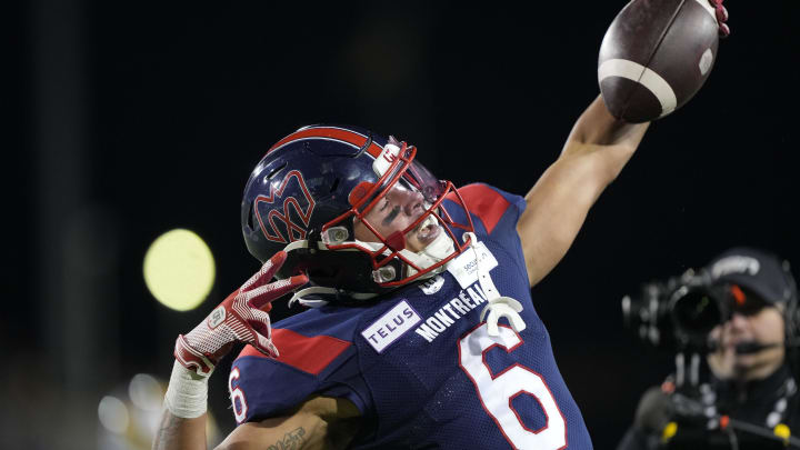 Nov 19, 2023; Hamilton, Ontario, CAN; Montreal Alouettes wide receiver Tyson Philpot (6) celebrates scoring the game winning touchdown against the Winnipeg Blue Bombers during the fourth quarter of the 110th Grey Cup at Tim Hortons Field. Mandatory Credit: John E. Sokolowski-USA TODAY Sports