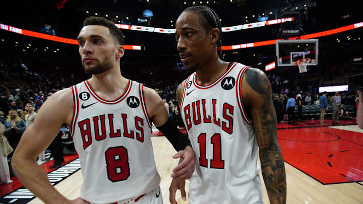 Apr 12, 2023; Toronto, Ontario, CAN; Chicago Bulls guard Zach LaVine (8) and forward DeMar DeRozan (11) come off the court after a win over the Toronto Raptors in NBA Play-In game 3 at Scotiabank Arena. Mandatory Credit: John E. Sokolowski-Imagn Images