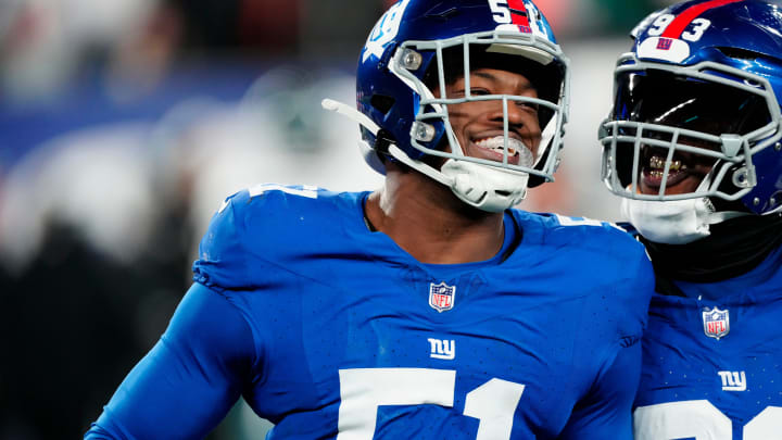 New York Giants linebacker Azeez Ojulari (51), New York Giants defensive tackle Rakeem Nunez-Roches (93), and the rest of Big Blue were all smiles as they beat the Philadelphia Eagles, 27-10 Sunday, January 7, 2024.