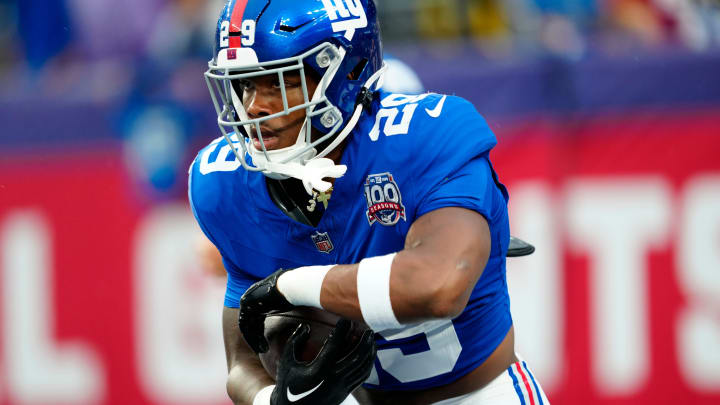 New York Giants running back Tyrone Tracy Jr. (29) is shown just before the first preseason game of the season, Thursday, August 8 2024, in East Rutherford.