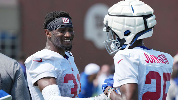 East Rutherford, NJ -- August 1, 2024 -- Safety, Tyler Nubin and cornerback Alex Johnson while practicing today at training camp for the New York Giants.