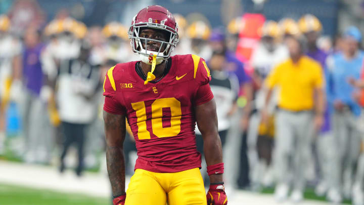 Sep 1, 2024; Paradise, Nevada, USA; Southern California Trojans wide receiver Kyron Hudson (10) reacts after making a play against the LSU Tigers during the second quarter at Allegiant Stadium. Mandatory Credit: Stephen R. Sylvanie-USA TODAY Sports