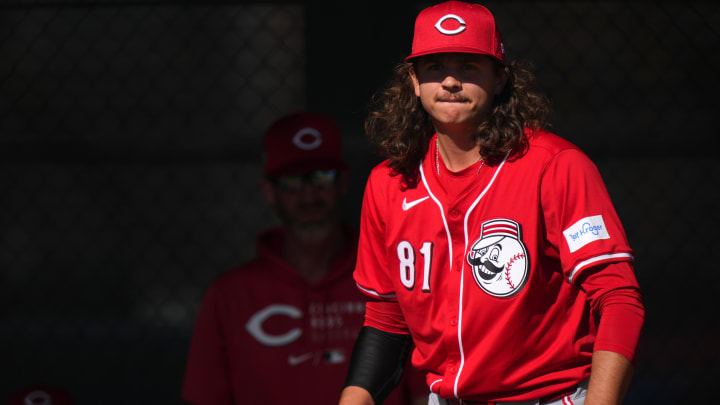 Feb 16, 2024; Goodyear, AZ, USA; Cincinnati Reds non-roster invitee pitcher Rhett Lowder (81) throws in the bullpen during spring training workouts. Mandatory Credit: Kareem Elgazzar/The Enquirer-USA TODAY Sports