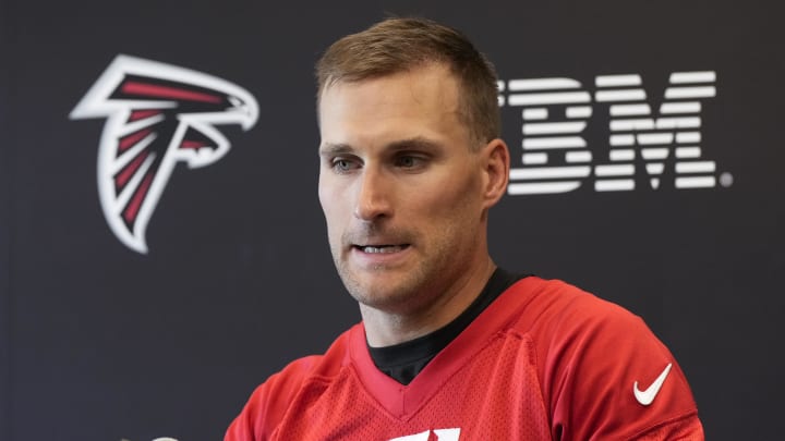 Jun 3, 2024; Atlanta, GA, USA; Atlanta Falcons quarterback Kirk Cousins (18) is interviewed after Falcons OTA at the Falcons Training facility. Mandatory Credit: Dale Zanine-USA TODAY Sports