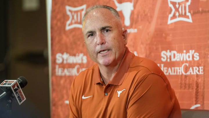 Longhorns Offensive coordinator Kyle Flood answer questions from the local news media during the first press conferences for the 2023 football season on August 1, 2023.