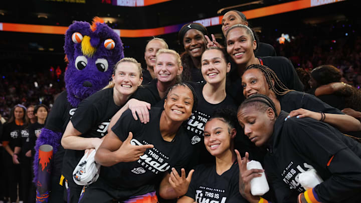 The Phoenix Mercury celebrate their 86-81 WNBA semifinal playoff series win over the Minnesota Lynx at PHX Arena on Sept. 28, 2025.