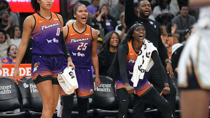 Mercury guard Kahleah Copper (2) and forward Alyssa Thomas (25) cheer on their teammates in the final minutes of their 80-63 win against the New York Liberty at PHX Arena, Aug. 30, 2025, in Phoenix. Mercury guard Kahleah Copper (2) and forward Alyssa Thomas (25) cheer on their teammates in the final minutes of their 80-63 win against the New York Liberty at PHX Arena, Aug. 30, 2025, in Phoenix.