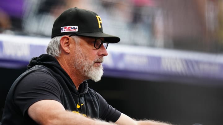 Jun 14, 2024; Denver, Colorado, USA; Pittsburgh Pirates manager Derek Shelton (17) in the dugout during the first inning against the Colorado Rockies at Coors Field. Mandatory Credit: Ron Chenoy-USA TODAY Sports