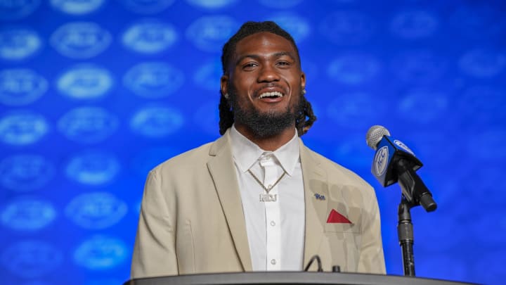 Jul 26, 2023; Charlotte, NC, USA;  Pitt defensive back MJ Devonshire during the ACC 2023 Kickoff at The Westin Charlotte. Mandatory Credit: Jim Dedmon-USA TODAY Sports