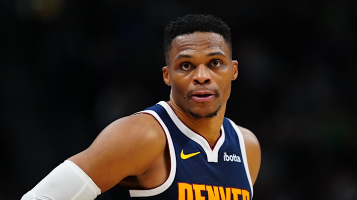Denver Nuggets guard Russell Westbrook during the first quarter of a November 6 game against the Oklahoma City Thunder at Ball Arena. 