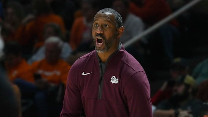 Montana head basketball coach Travis DeCuire yells during an NCAA basketball game between the Tennessee Volunteers and Montana Grizzlies at Thompson-Boling Arena at Food City Center on Wednesday, Nov. 13, 2024.
