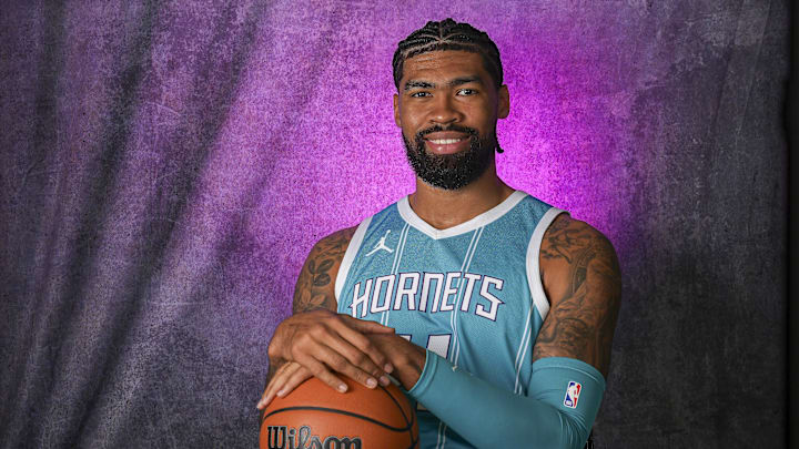 Charlotte Hornets center Nick Richards poses for photos at Hornets Media Day at the Spectrum Center in Charlotte, NC
